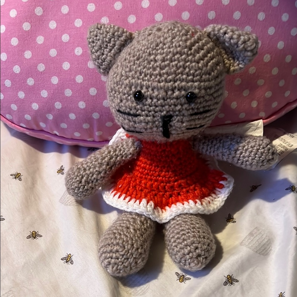 Gray Crochet Cat Plush with Red Dress